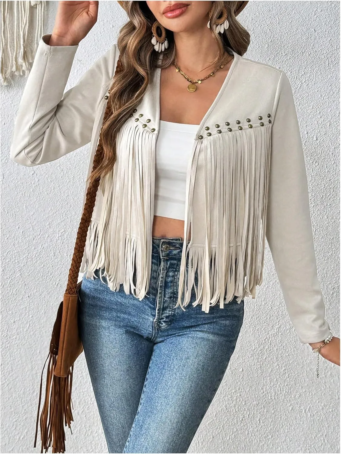 SOLY HUX Women's Faux Suede Fringe Trim Long Sleeve Open Front Cardigan Jacket Western Concert Outfits