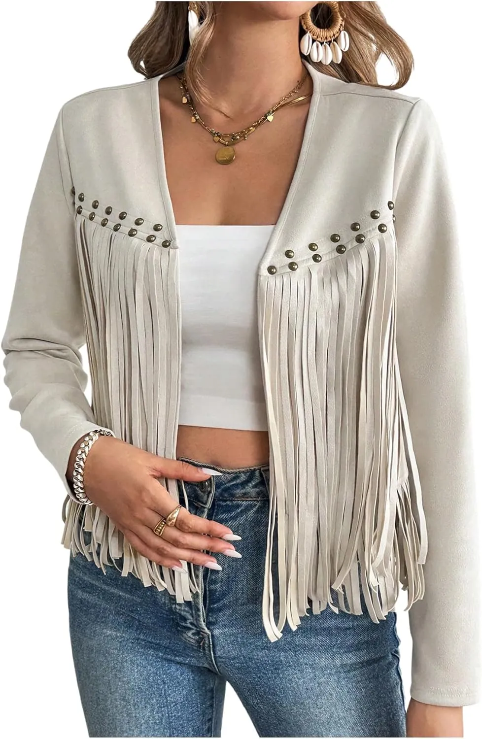 SOLY HUX Women's Faux Suede Fringe Trim Long Sleeve Open Front Cardigan Jacket Western Concert Outfits