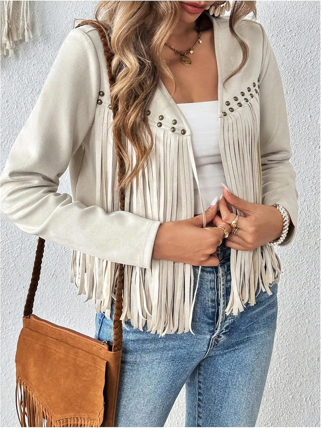 SOLY HUX Women's Faux Suede Fringe Trim Long Sleeve Open Front Cardigan Jacket Western Concert Outfits