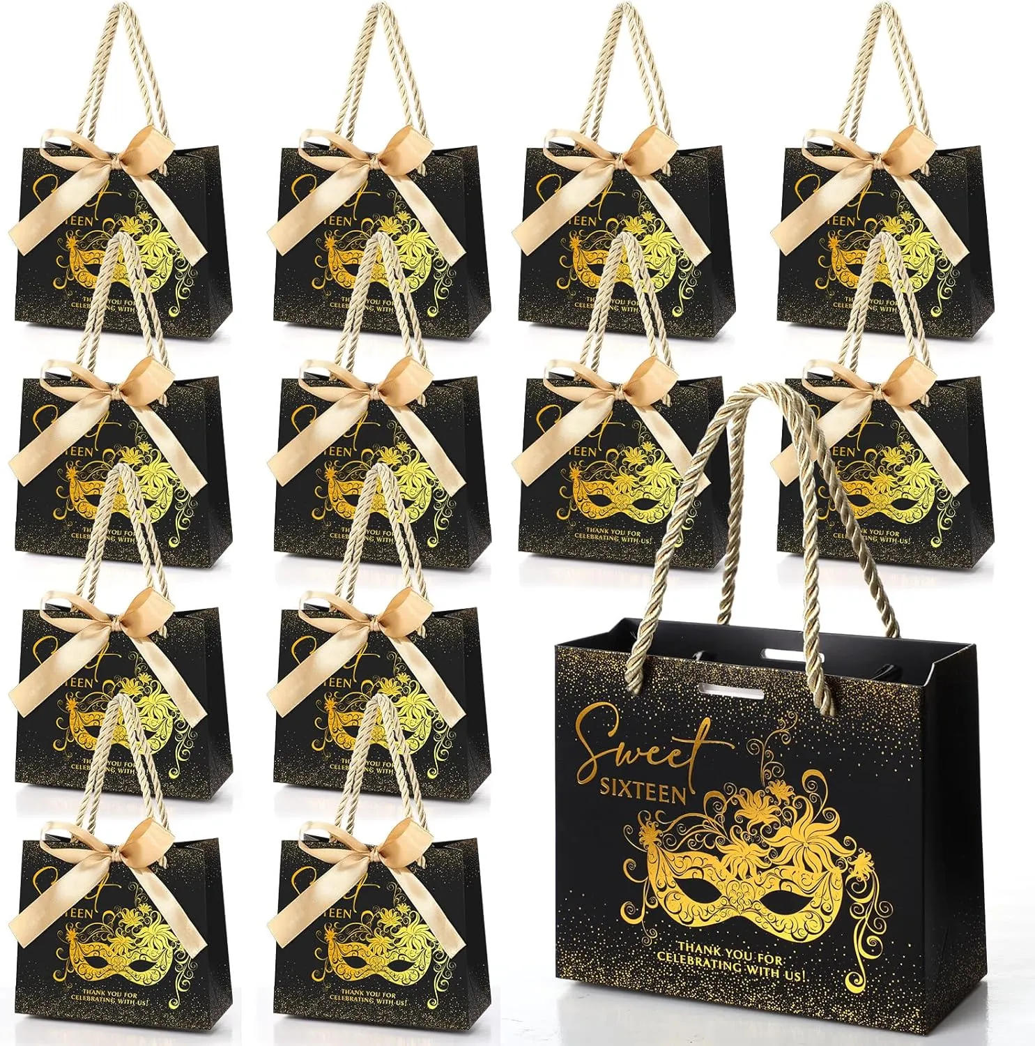 Spakon 18 Pcs Sweet 16 Gift Bag - 16th Birthday Party Favors with Handles and Ribbons - Masquerade Sweet 16 Favors for Guests