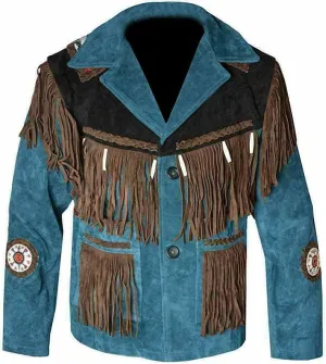 SpazeUp Mens Suede Leather Native American Brown Fringe Western Style Cowboy Jacket - Traditional Fashionable Coat Men