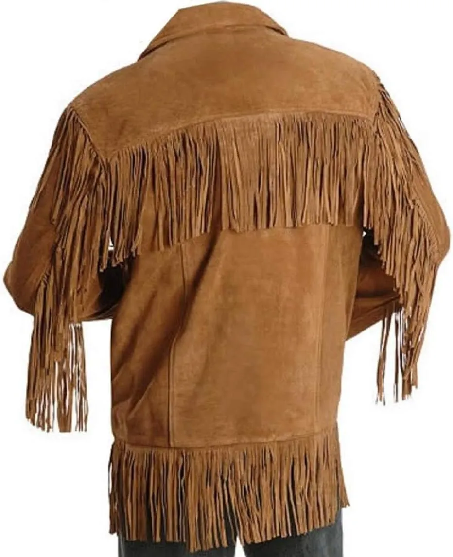 SpazeUp Mens Suede Leather Native American Brown Fringe Western Style Cowboy Jacket - Traditional Fashionable Coat Men