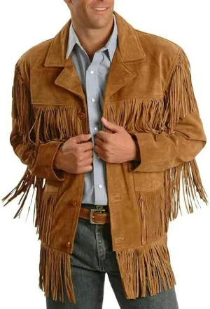 SpazeUp Mens Suede Leather Native American Brown Fringe Western Style Cowboy Jacket - Traditional Fashionable Coat Men