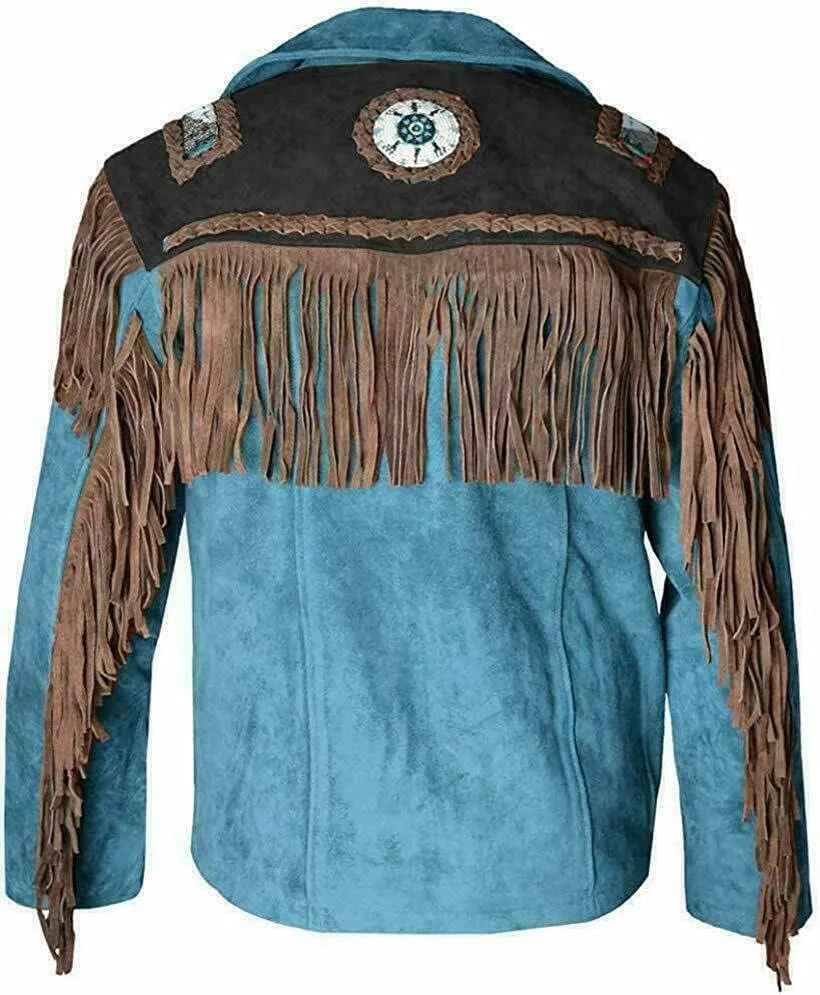 SpazeUp Mens Suede Leather Native American Brown Fringe Western Style Cowboy Jacket - Traditional Fashionable Coat Men