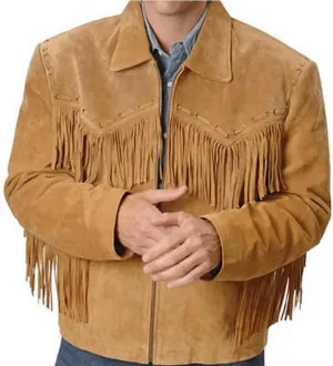 SpazeUp Mens Suede Leather Native American Brown Fringe Western Style Cowboy Jacket - Traditional Fashionable Coat Men