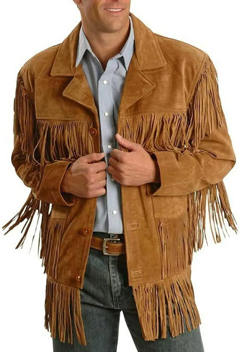 SpazeUp Mens Suede Leather Native American Brown Fringe Western Style Cowboy Jacket - Traditional Fashionable Coat Men