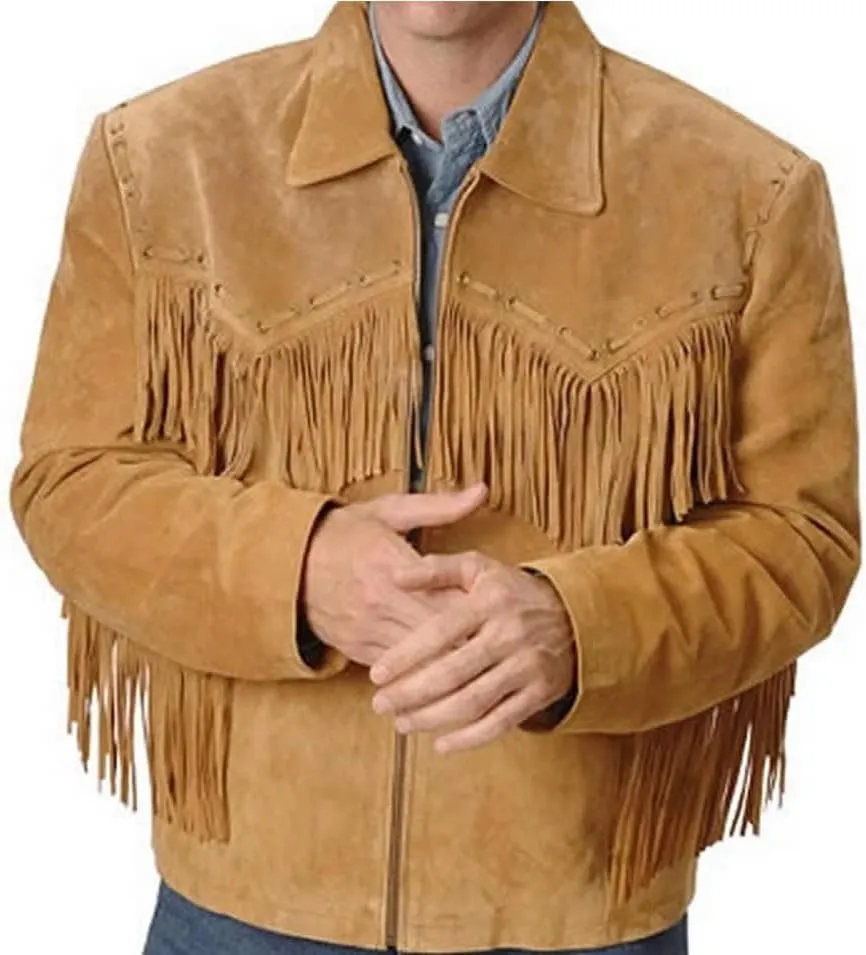 SpazeUp Mens Suede Leather Native American Brown Fringe Western Style Cowboy Jacket - Traditional Fashionable Coat Men