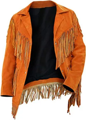 SpazeUp Women's Native American Western Suede Jacket - Cowgirl Brown Suede Leather Fringe Jacket Women