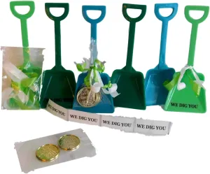 St. Paddy's Day Party Favor 24-8 Each Green Teal Hot Green Toy Shovels, 24 We Dig You Stickers, 24 Cello Bags, 48 Strips Ribbon- 24 coins