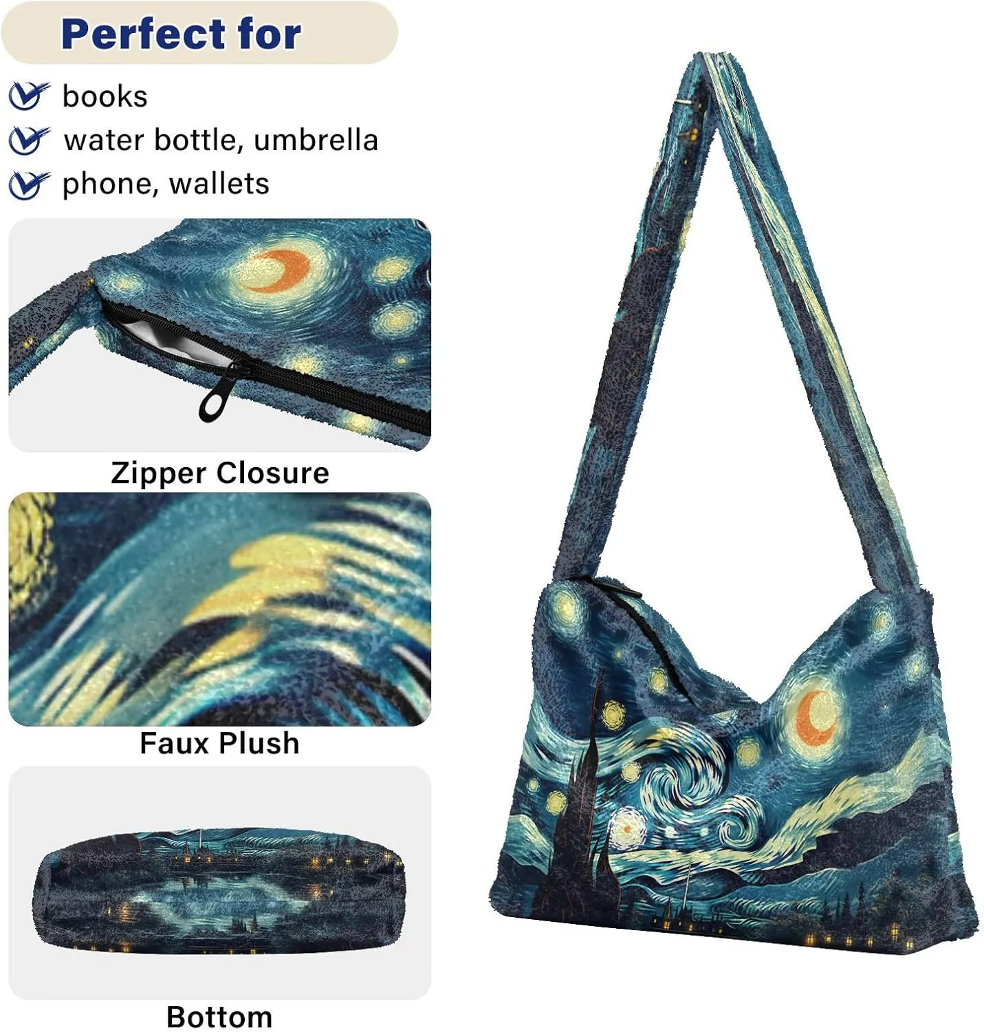 Starry Night with Sand and Moon Plush Tote Bag, Plush Hand Bag, Tote Bag Young Women