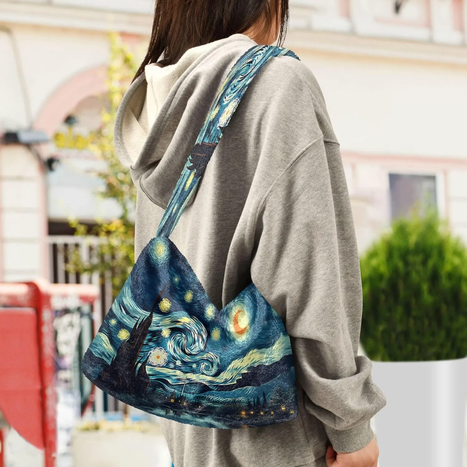 Starry Night with Sand and Moon Plush Tote Bag, Plush Hand Bag, Tote Bag Young Women