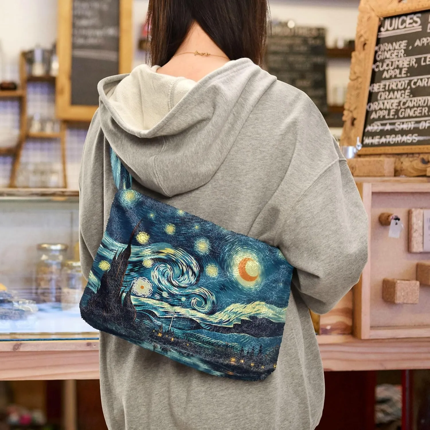 Starry Night with Sand and Moon Plush Tote Bag, Plush Hand Bag, Tote Bag Young Women