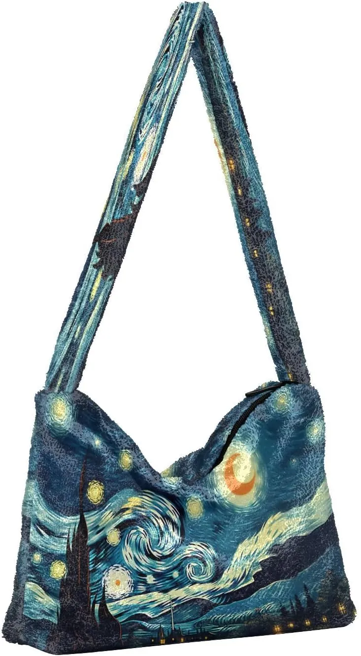Starry Night with Sand and Moon Plush Tote Bag, Plush Hand Bag, Tote Bag Young Women