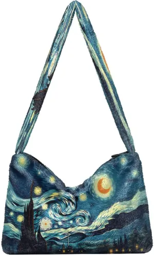 Starry Night with Sand and Moon Plush Tote Bag, Plush Hand Bag, Tote Bag Young Women