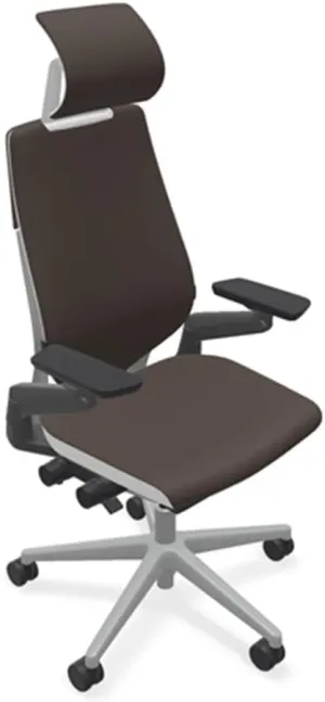 Steelcase Gesture Office Desk Chair with Headrest in Elmosoft Genuine Espresso L133 Leather Plus Lumbar Support Platinum Metallic Frame with Seagull Seat/Back Merle Arms (Light/Light)