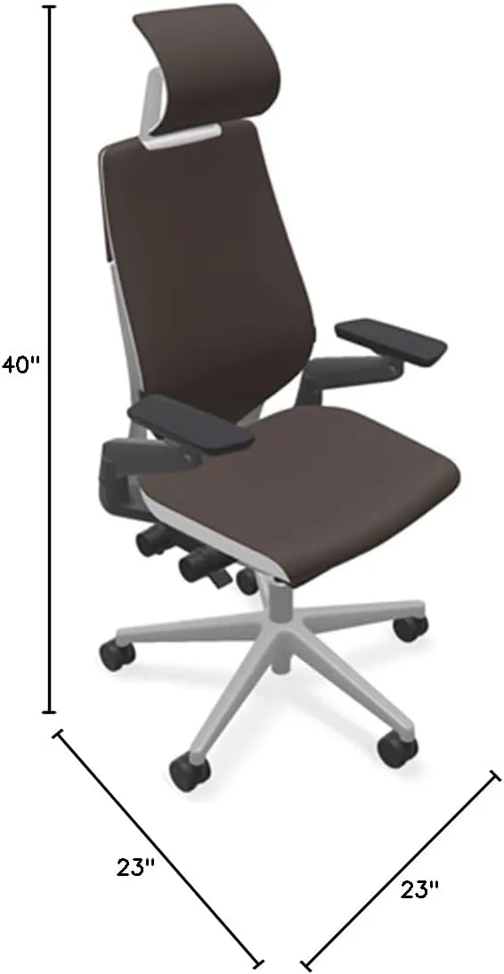 Steelcase Gesture Office Desk Chair with Headrest in Elmosoft Genuine Espresso L133 Leather Plus Lumbar Support Platinum Metallic Frame with Seagull Seat/Back Merle Arms (Light/Light)