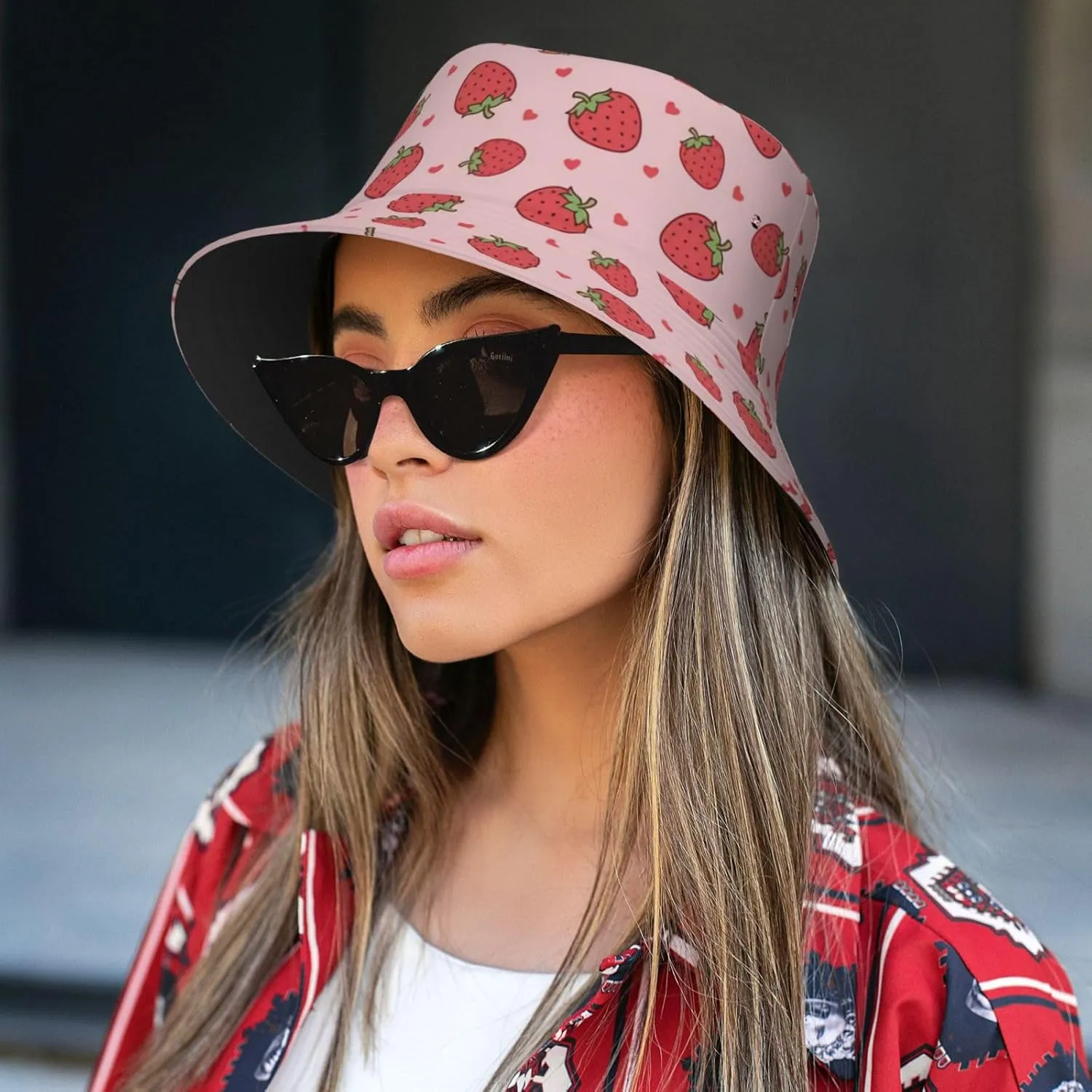 Strawberry Print Flat Unisex Fashion Packable Bucket Hat Sun Hat for Men Women