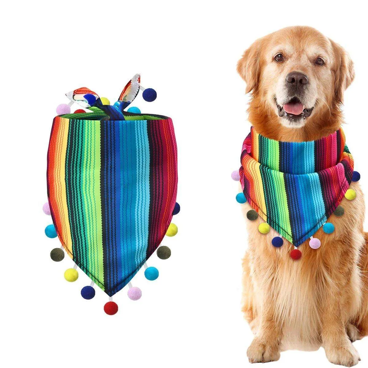 Striped Triangle Pet Towel & Fur Ball Straw Hat Scarf Set, Colorful Pet Accessories