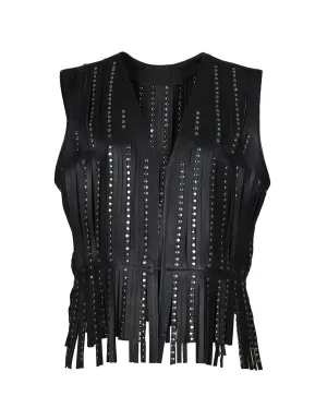 Studded black fringe leather vest