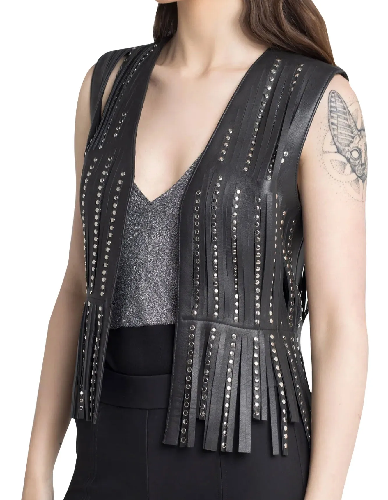 Studded black fringe leather vest