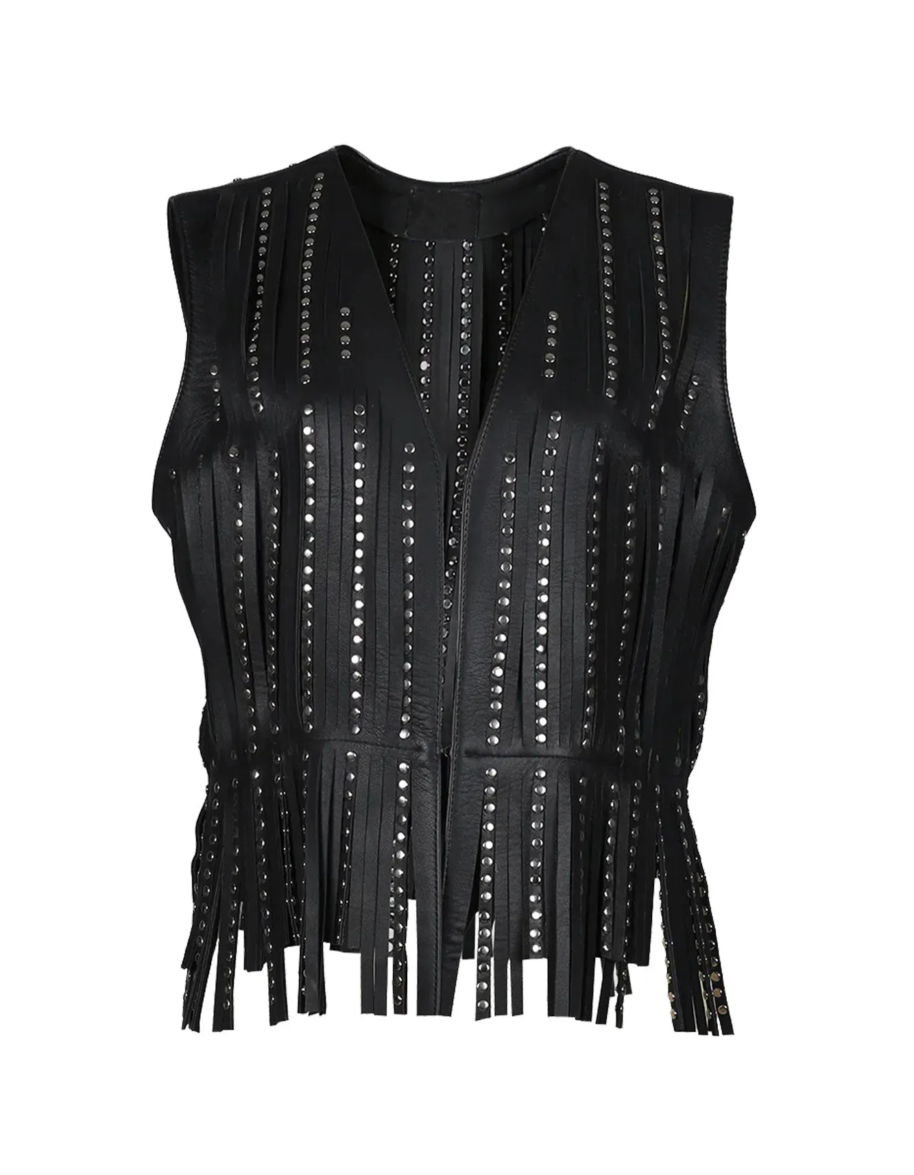 Studded black fringe leather vest