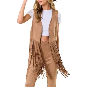 Studded Long Fringe Faux Vest In Tan