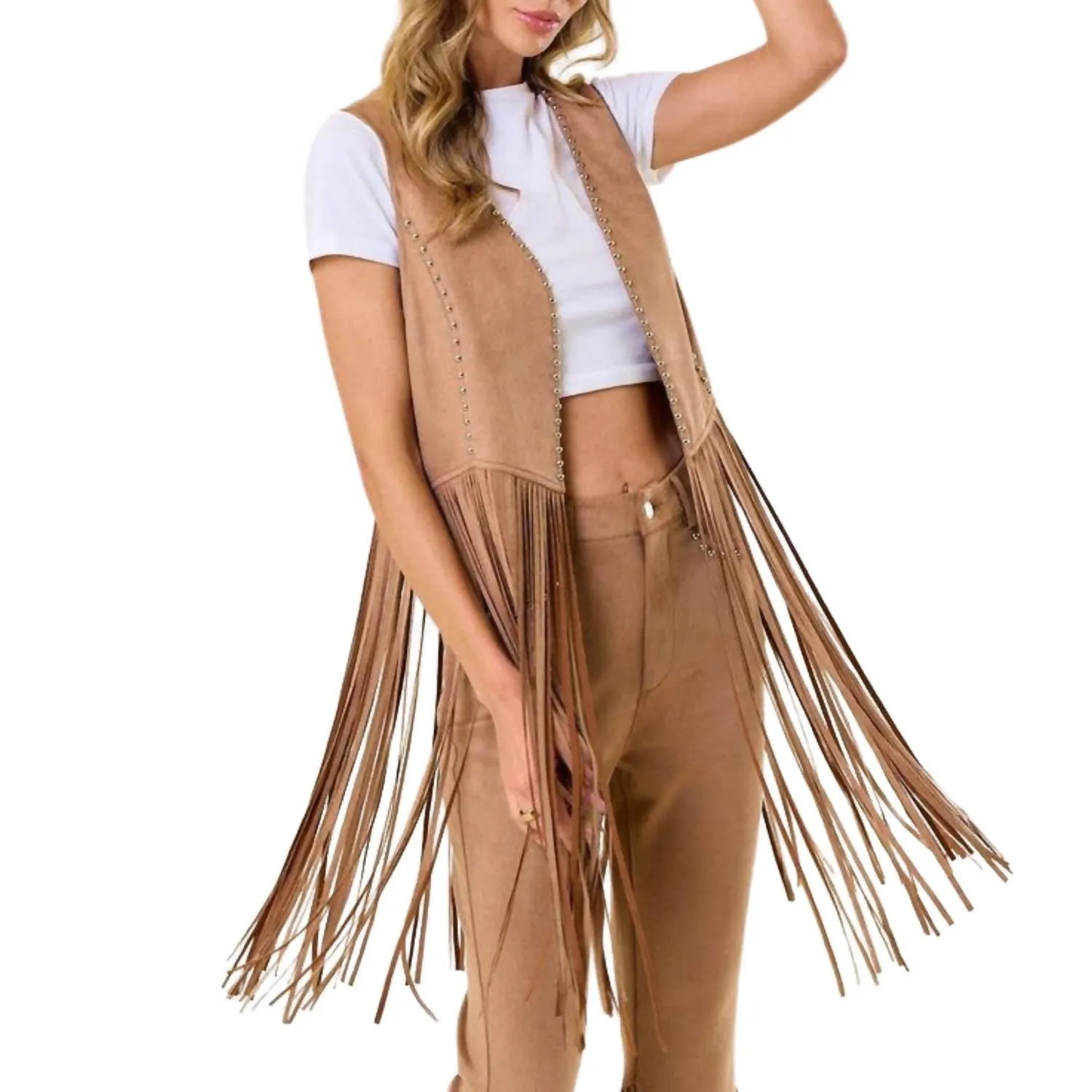 Studded Long Fringe Faux Vest In Tan