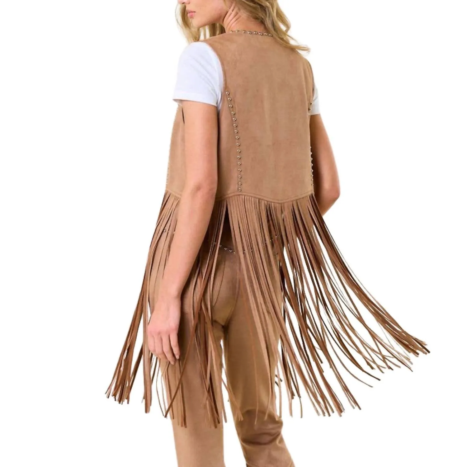 Studded Long Fringe Faux Vest In Tan