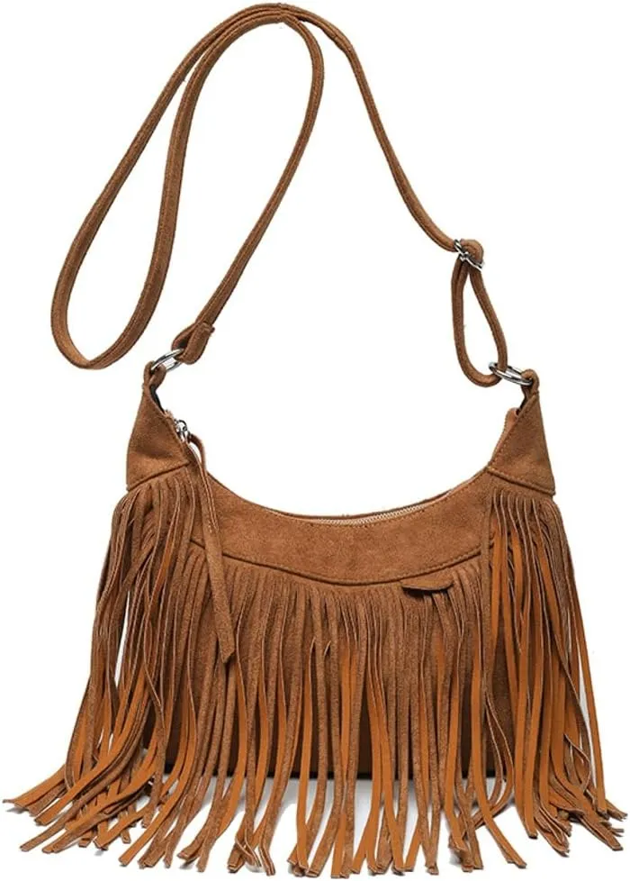 Suede Fringe Crossbody Bag for Women Ladies Stylish Leather Shoulder Bag Purse Handbag Fall Winter Spring 2024