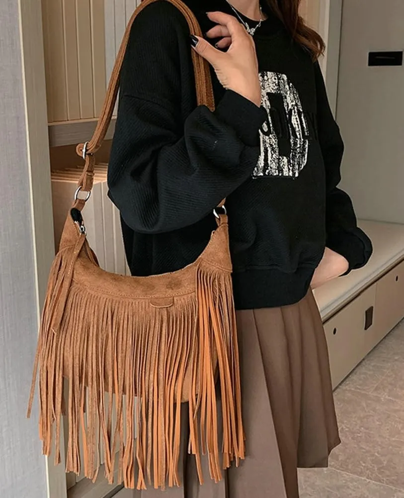 Suede Fringe Crossbody Bag for Women Ladies Stylish Leather Shoulder Bag Purse Handbag Fall Winter Spring 2024