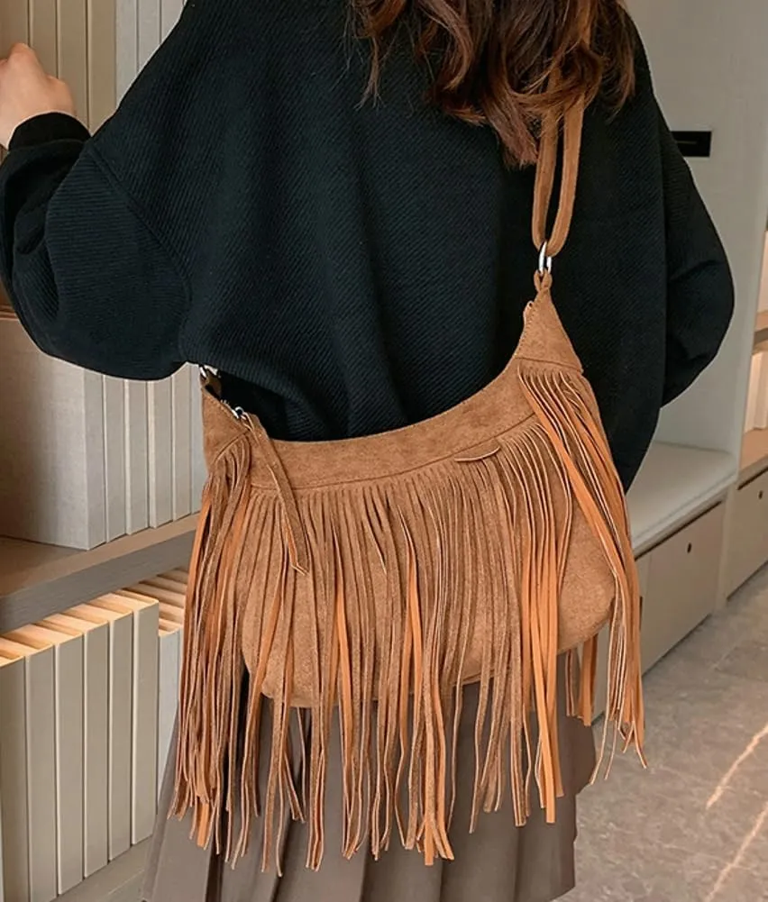 Suede Fringe Crossbody Bag for Women Ladies Stylish Leather Shoulder Bag Purse Handbag Fall Winter Spring 2024