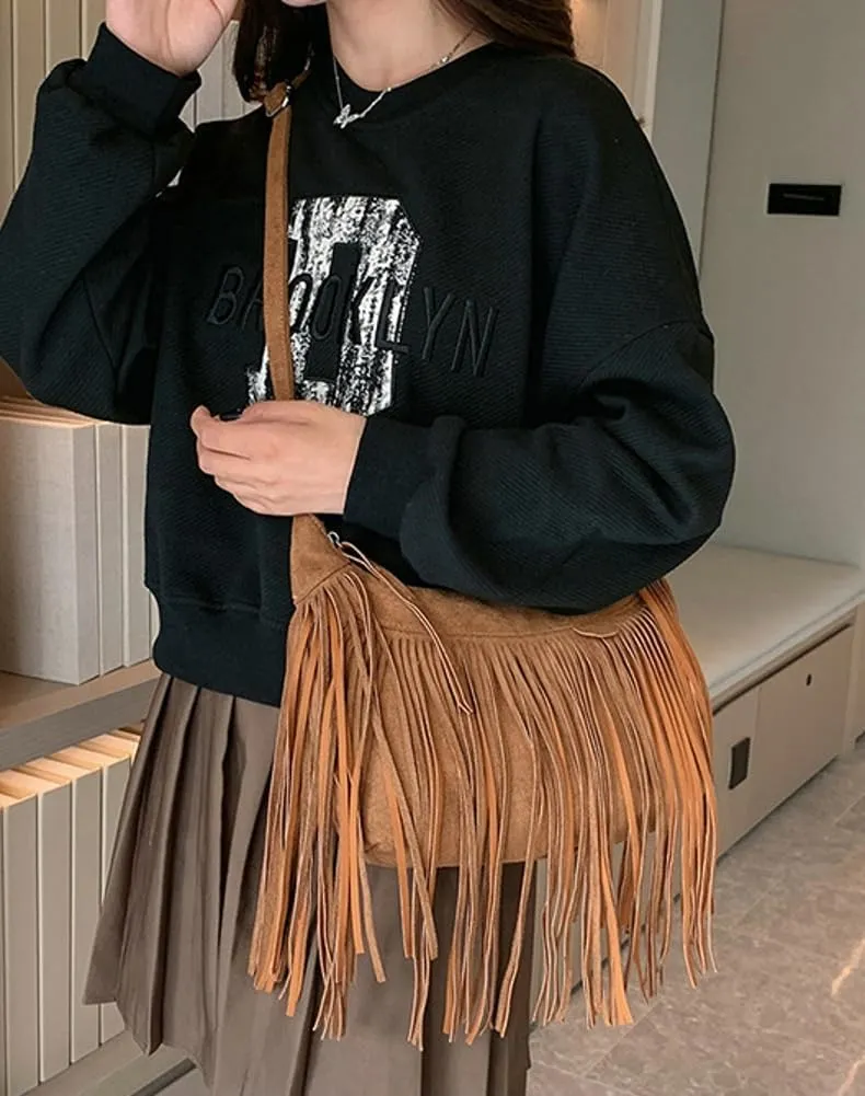 Suede Fringe Crossbody Bag for Women Ladies Stylish Leather Shoulder Bag Purse Handbag Fall Winter Spring 2024