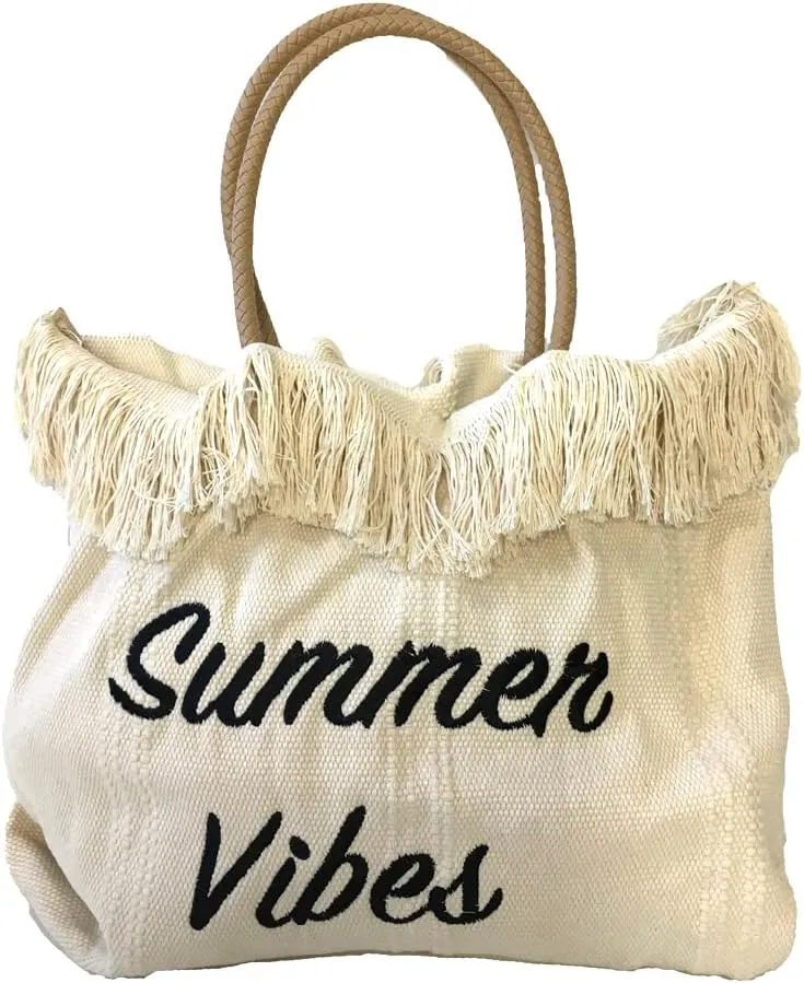 Summer Vibes Embroidered Canvas Beach Tote Bag