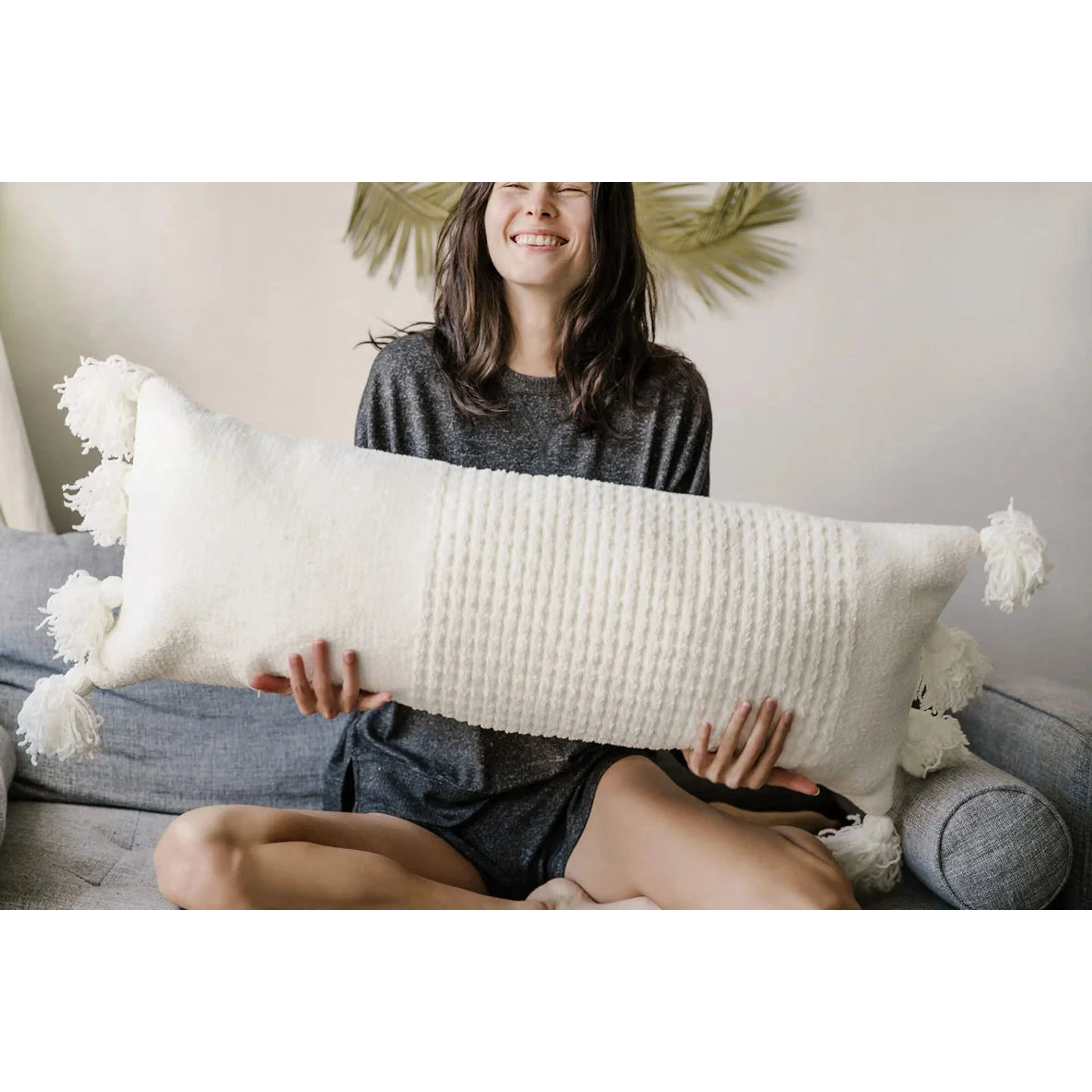 Sunday Citizen Off White Braided Pom Pom Lumbar Pillow 36 x 14