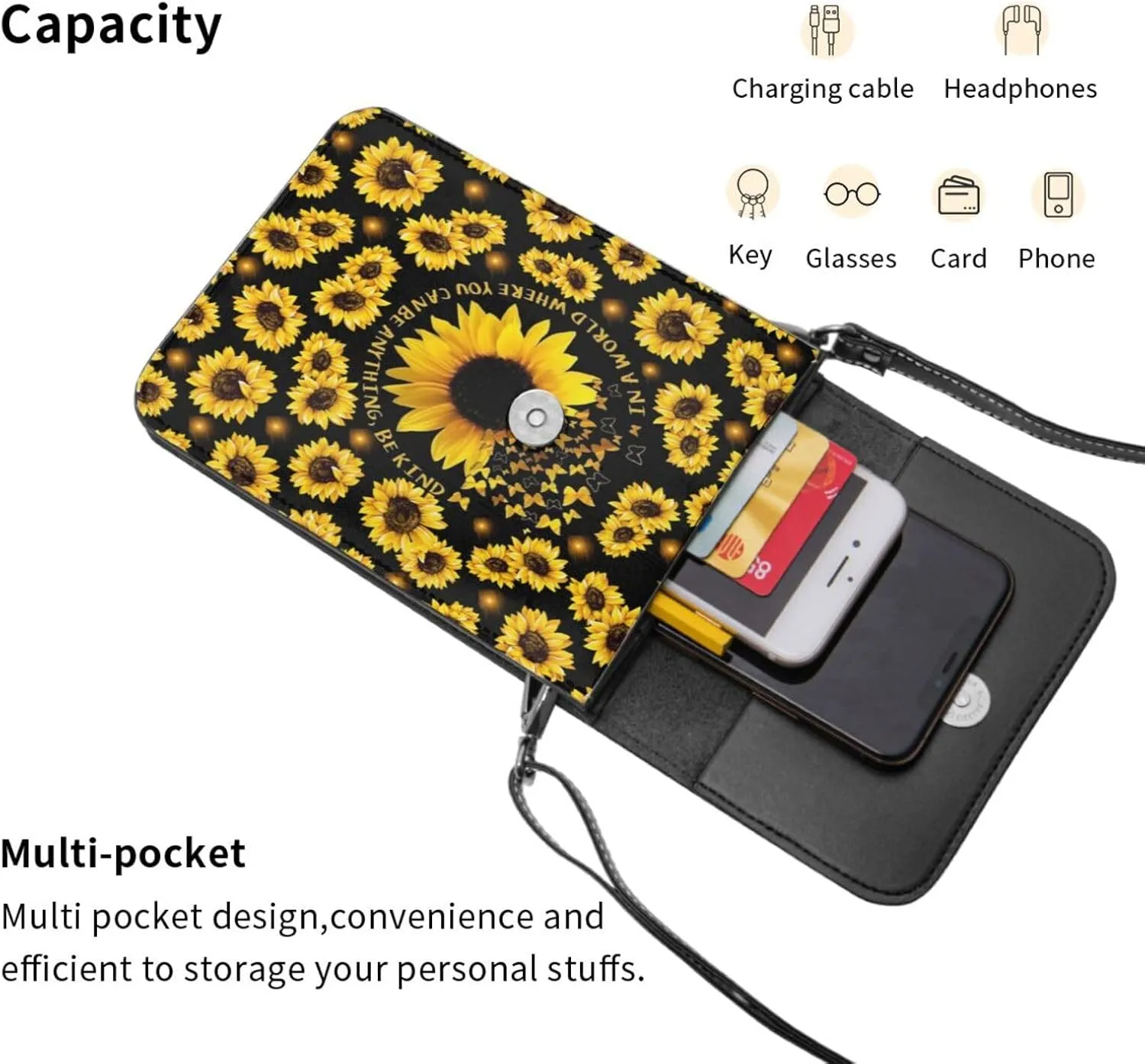 Sunflower Leather Crossbody Cell Phone Purse Small Wallet Bags Adjustable Phone Bag for Women