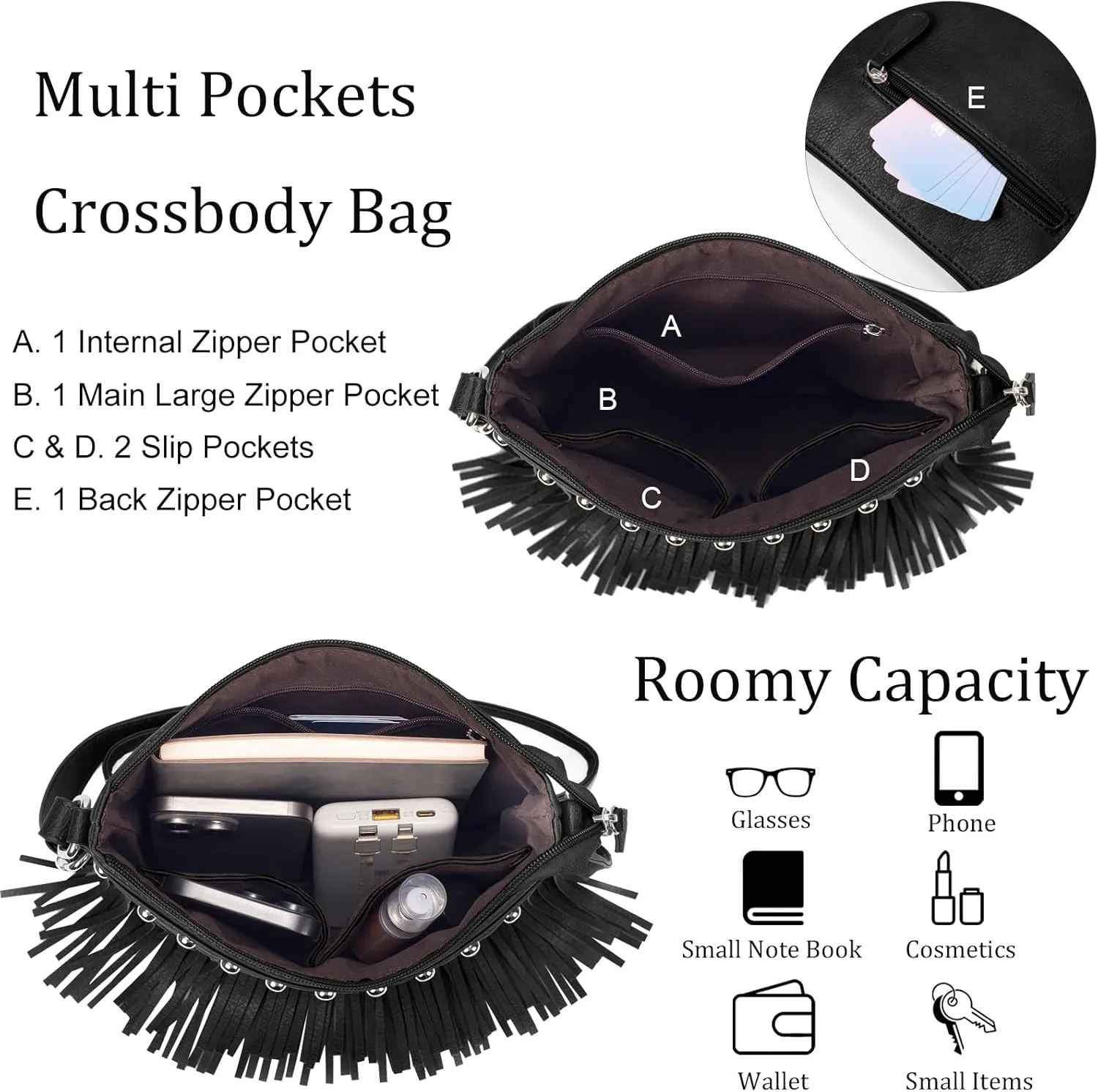 Sunwel Fashion Fringe Crossbody Bag with Rivets Western Purse Vegan Leather Tassel Shoulder Crossbody Bag for Women