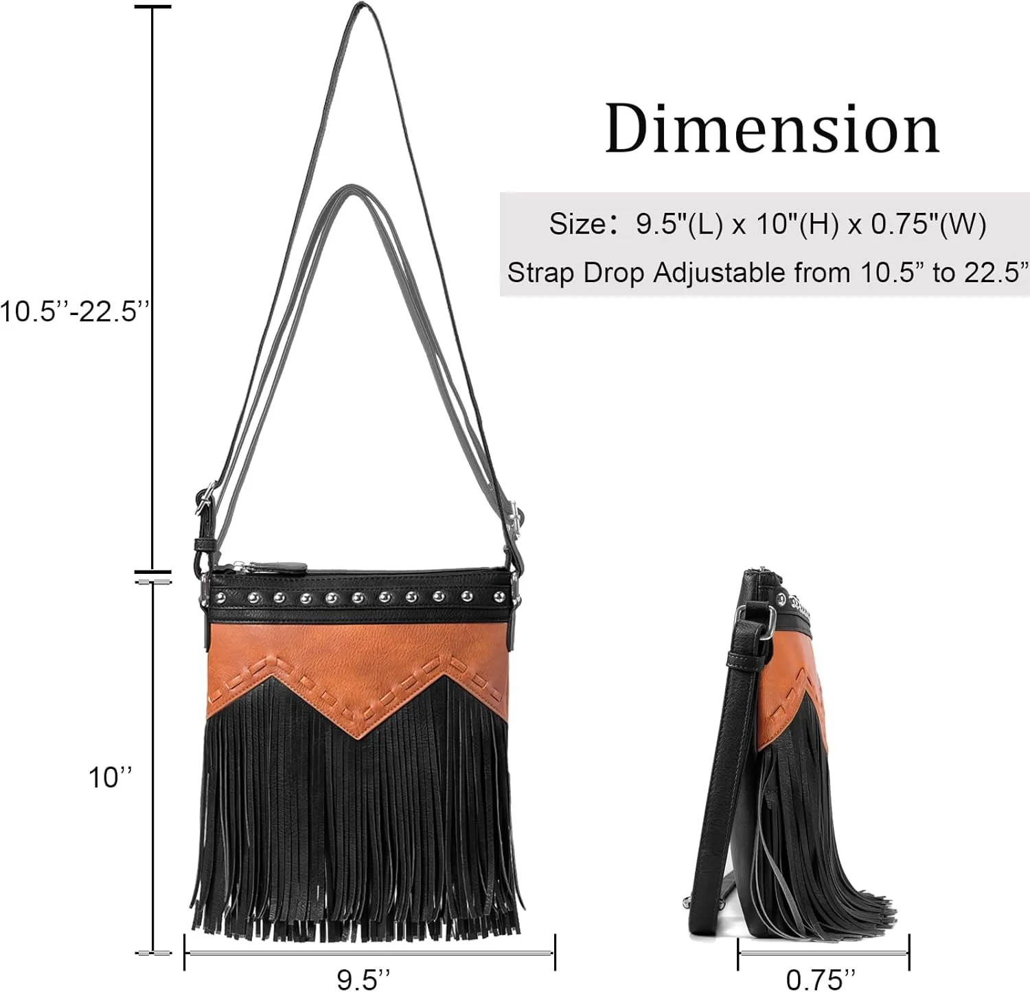 Sunwel Fashion Fringe Crossbody Bag with Rivets Western Purse Vegan Leather Tassel Shoulder Crossbody Bag for Women