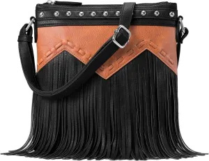 Sunwel Fashion Fringe Crossbody Bag with Rivets Western Purse Vegan Leather Tassel Shoulder Crossbody Bag for Women