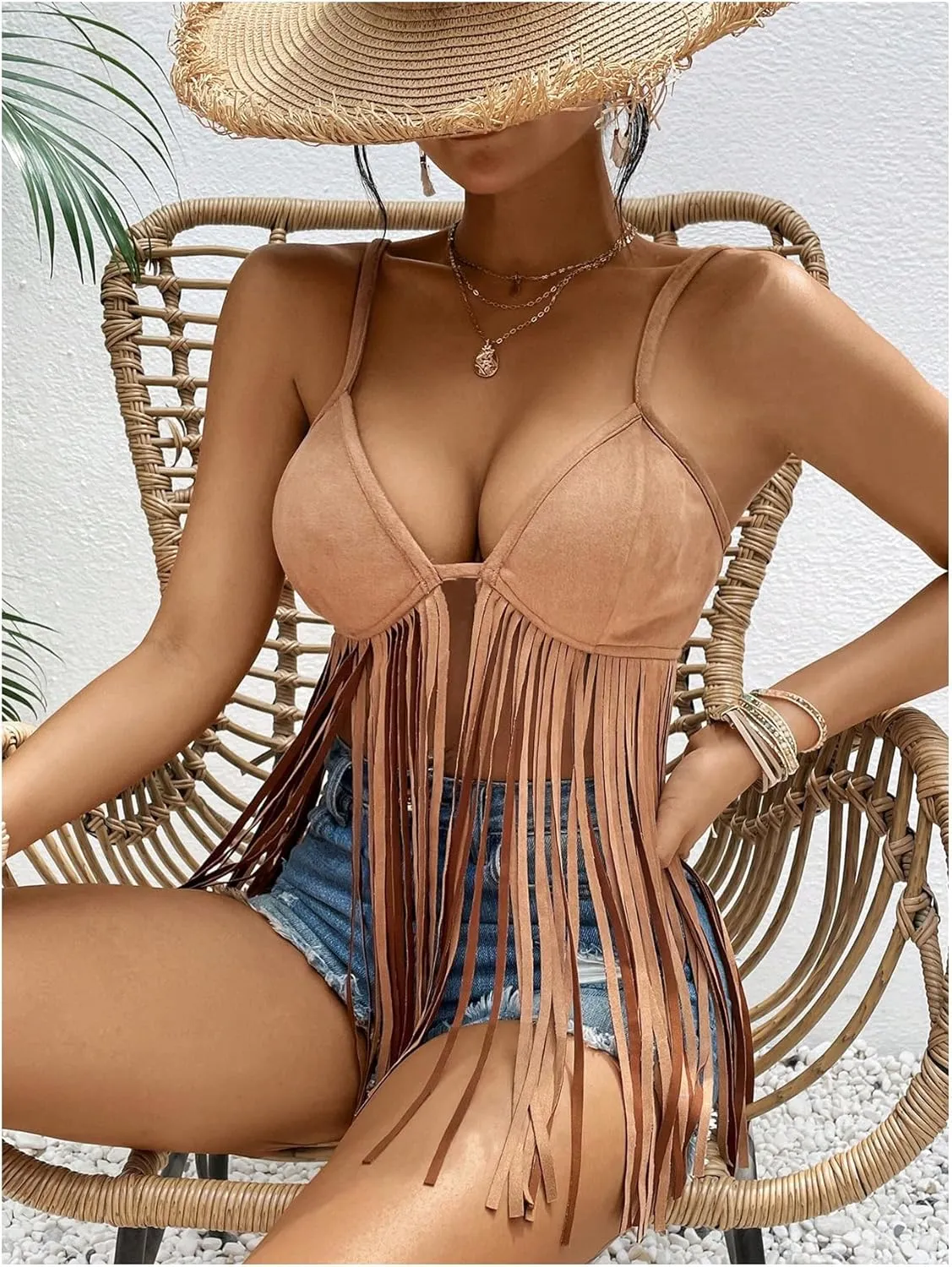SweatyRocks Women's Suede Fringe Tank Top V Neck Spaghetti Strap Sleeveless Western Tops