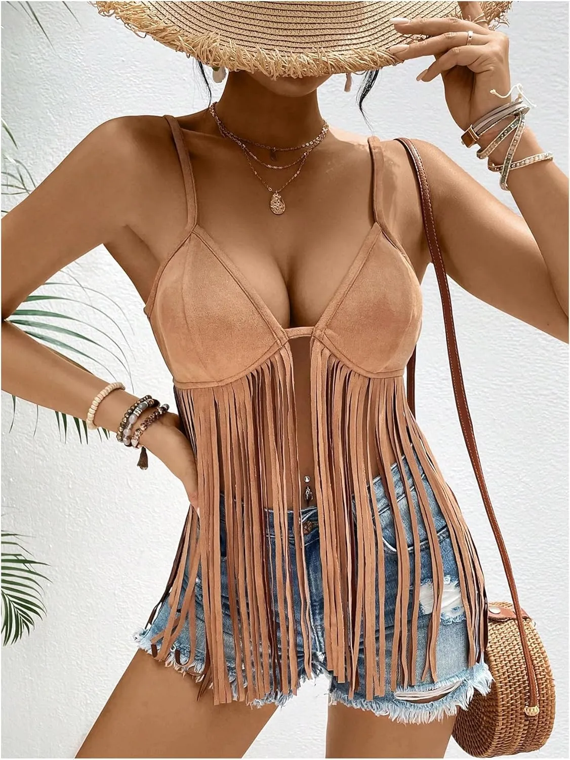 SweatyRocks Women's Suede Fringe Tank Top V Neck Spaghetti Strap Sleeveless Western Tops