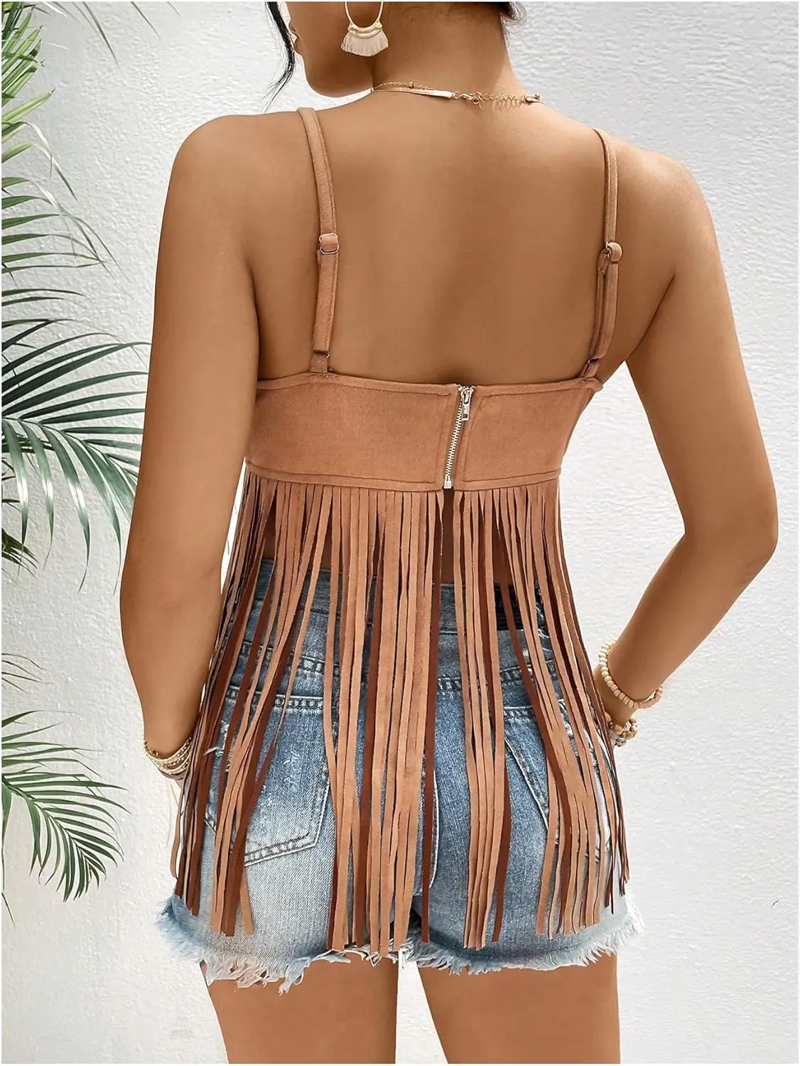SweatyRocks Women's Suede Fringe Tank Top V Neck Spaghetti Strap Sleeveless Western Tops