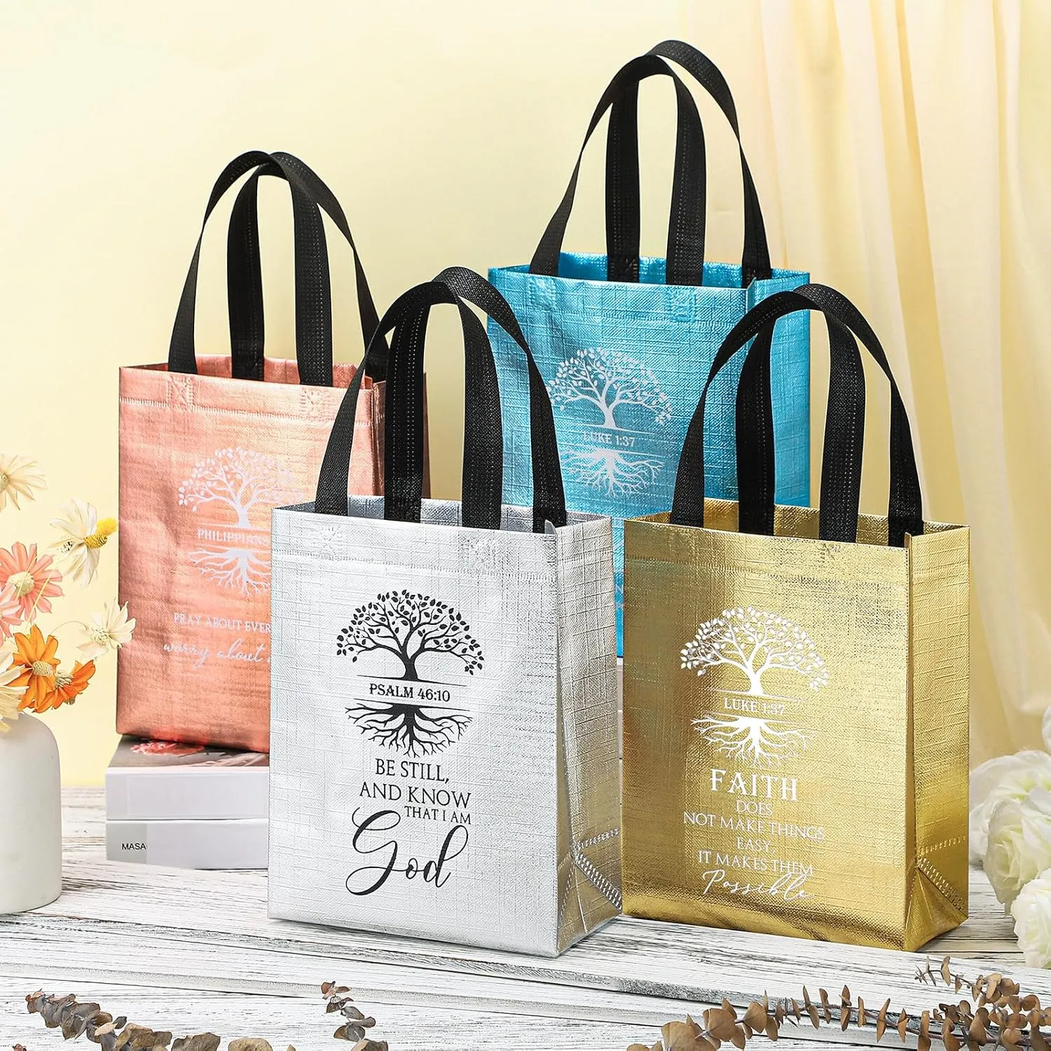 Sweetude 30 Pcs Christian Gift Bag Bulk Mothers Day Religious Gift Bag with Handle Medium Size Bible Verse Baptism Reusable Welcome Non Woven Handbag for Family Holy Week Church Father(Multicolored)