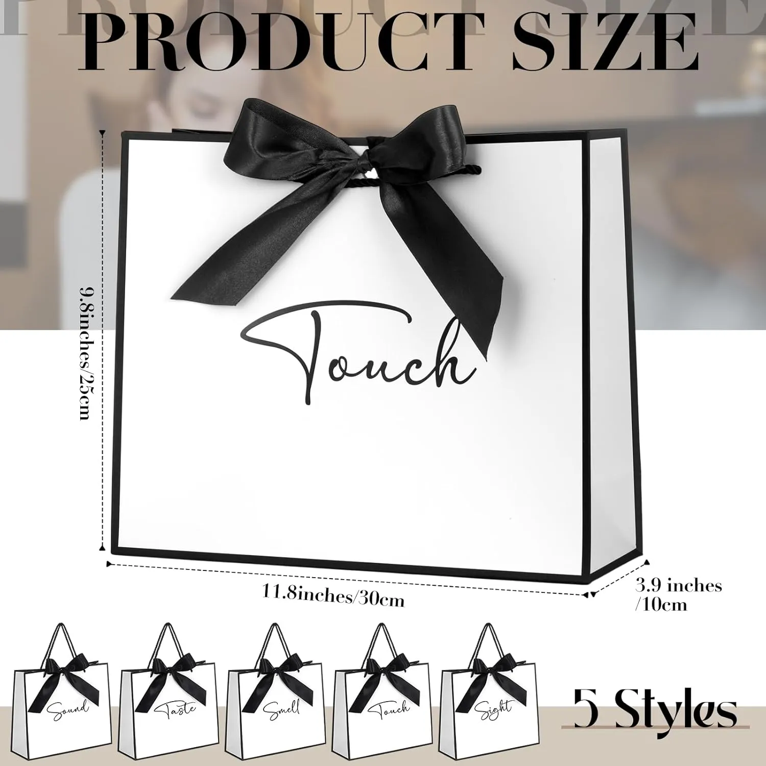 Sweetude 5 Pcs Senses Gift Bags for Him and Her 11.8 x 9.8x 3.9'' Elegant Thank You Paper Gift Bags with Handles and Bow Ribbon for Wedding Bridesmaid Groomsmen Gifts Birthday Baby Shower(White)