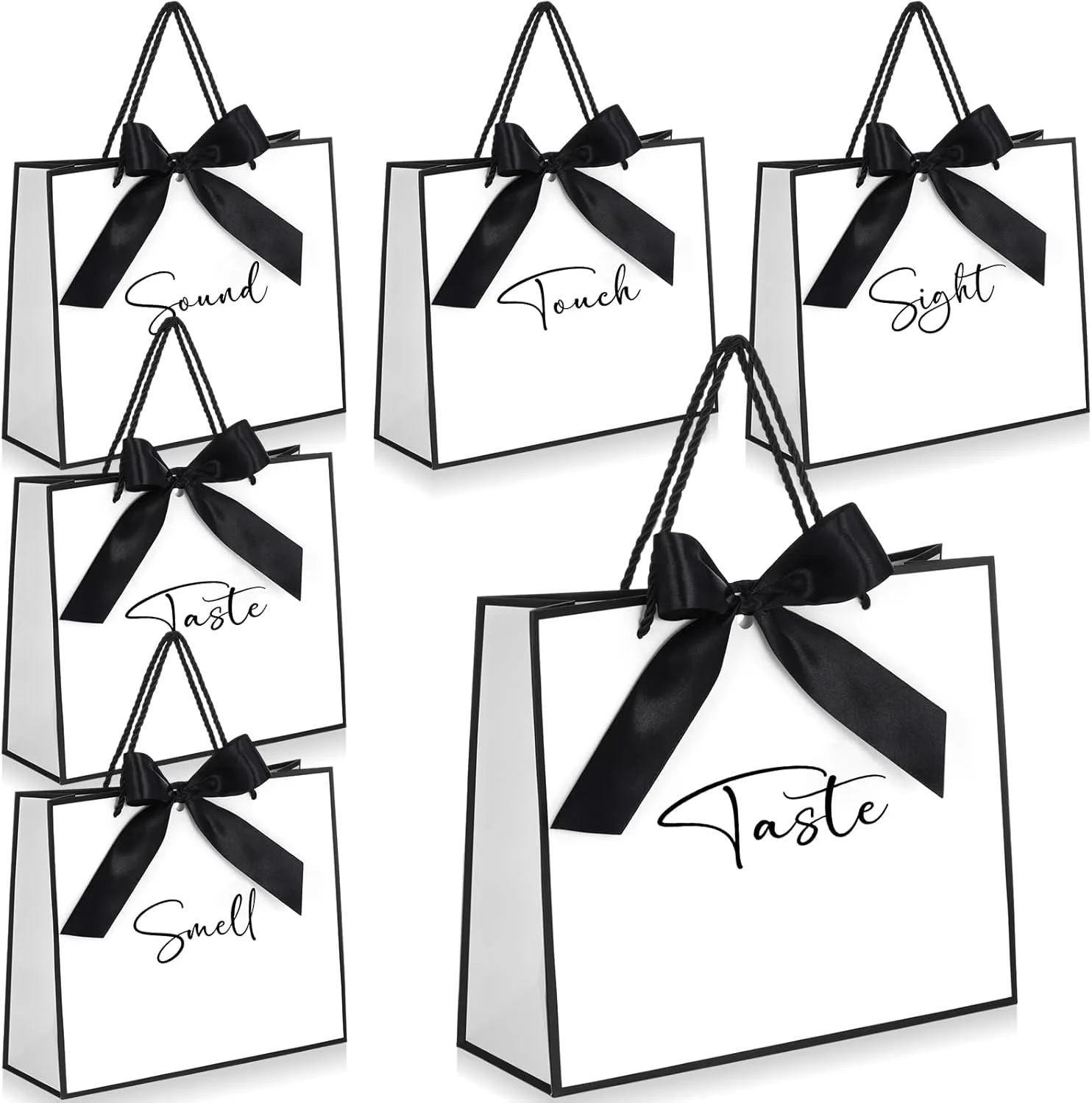 Sweetude 5 Pcs Senses Gift Bags for Him and Her 11.8 x 9.8x 3.9'' Elegant Thank You Paper Gift Bags with Handles and Bow Ribbon for Wedding Bridesmaid Groomsmen Gifts Birthday Baby Shower(White)