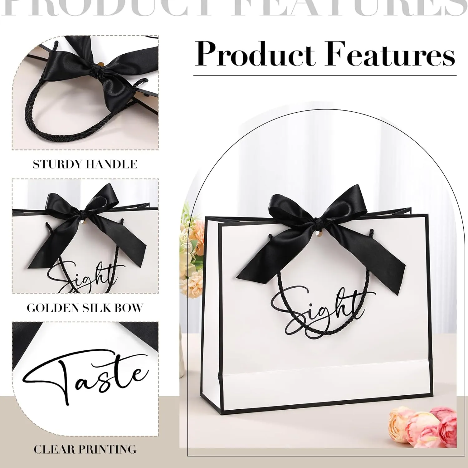Sweetude 5 Pcs Senses Gift Bags for Him and Her 11.8 x 9.8x 3.9'' Elegant Thank You Paper Gift Bags with Handles and Bow Ribbon for Wedding Bridesmaid Groomsmen Gifts Birthday Baby Shower(White)
