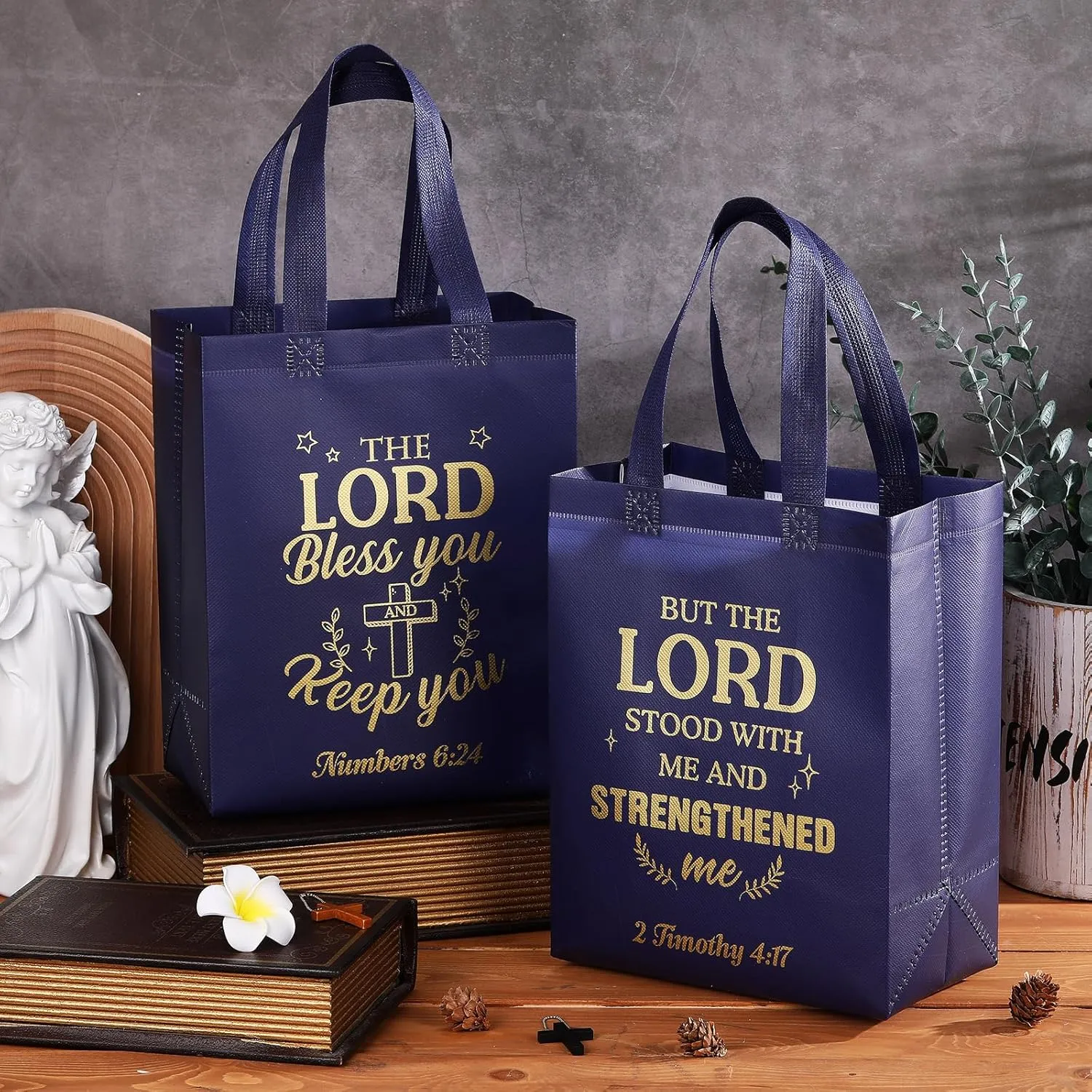 Talltalk 50 Pcs Christian Gift Bag Bulk Reusable Bible Verse Bag Religious Church Non Woven Tote for Easter Sunday School Mothers Fathers Day Gift(Dark Blue)