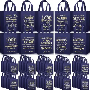 Talltalk 50 Pcs Christian Gift Bag Bulk Reusable Bible Verse Bag Religious Church Non Woven Tote for Easter Sunday School Mothers Fathers Day Gift(Dark Blue)