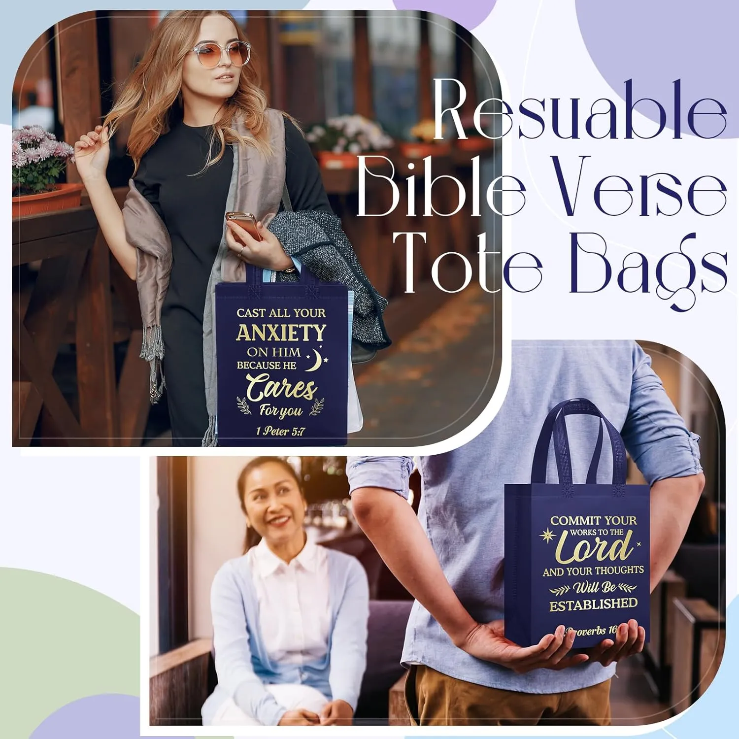Talltalk 50 Pcs Christian Gift Bag Bulk Reusable Bible Verse Bag Religious Church Non Woven Tote for Easter Sunday School Mothers Fathers Day Gift(Dark Blue)