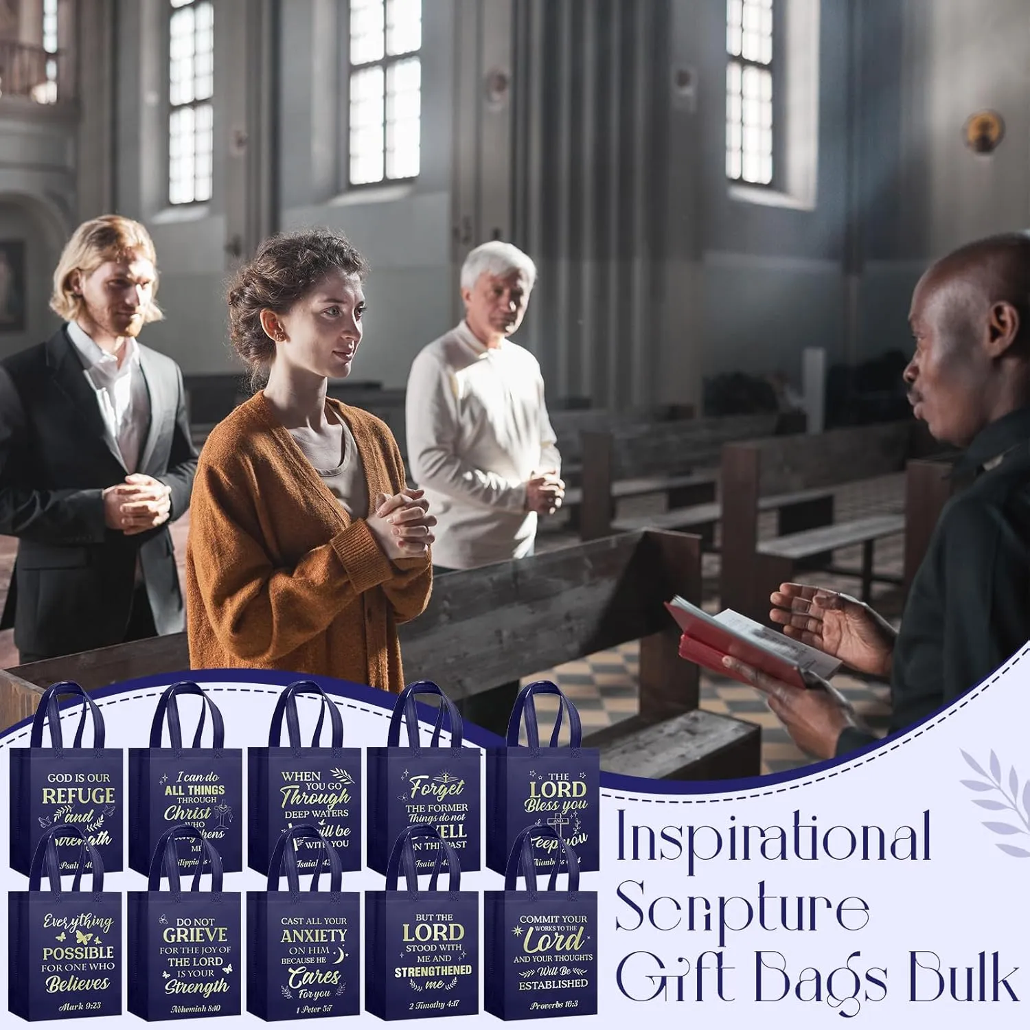 Talltalk 50 Pcs Christian Gift Bag Bulk Reusable Bible Verse Bag Religious Church Non Woven Tote for Easter Sunday School Mothers Fathers Day Gift(Dark Blue)