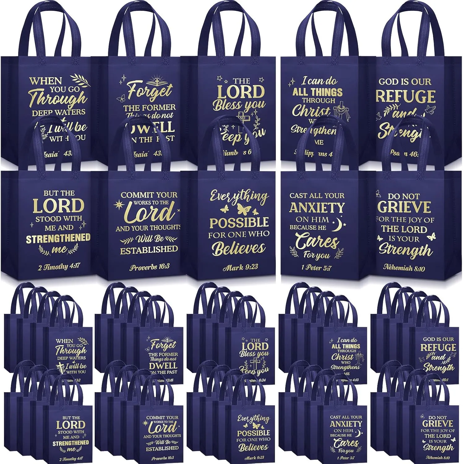 Talltalk 50 Pcs Christian Gift Bag Bulk Reusable Bible Verse Bag Religious Church Non Woven Tote for Easter Sunday School Mothers Fathers Day Gift(Dark Blue)